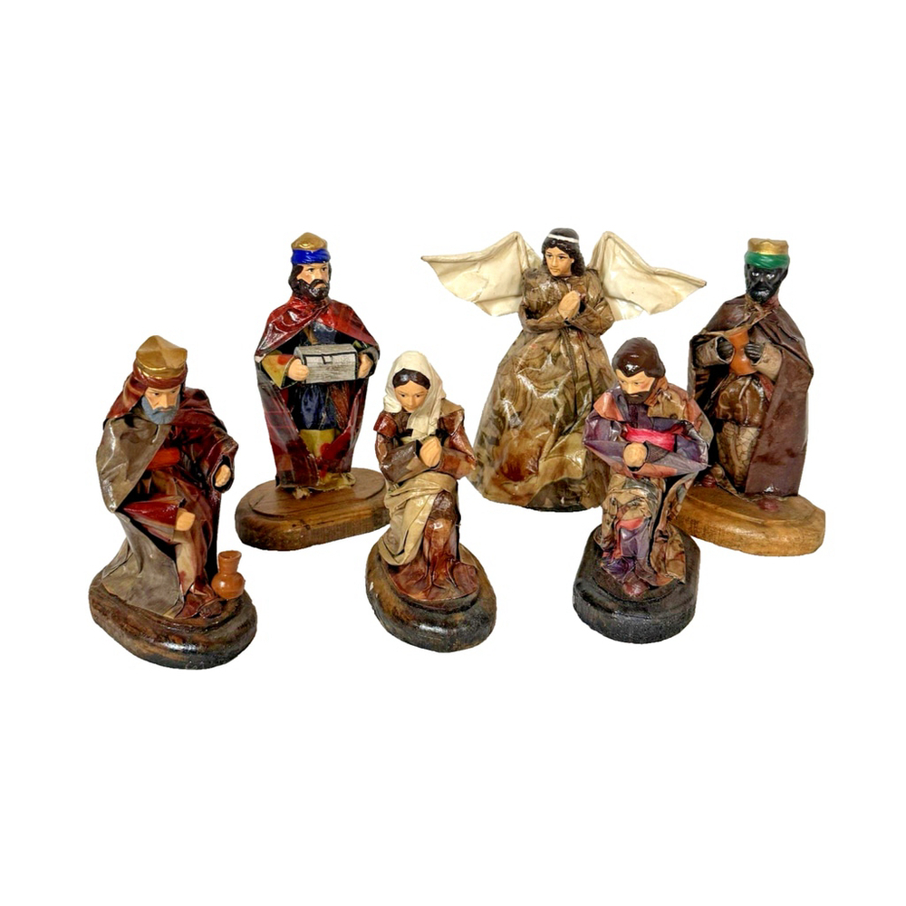 Vintage Mexican Nativity Folk Art Painted Paper Mache Figurines Set of 6